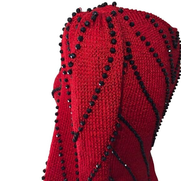Vintage Womens Sweater Size Small Red Knit Jeweled Puff Shoulder Boat Neck - Picture 4 of 10